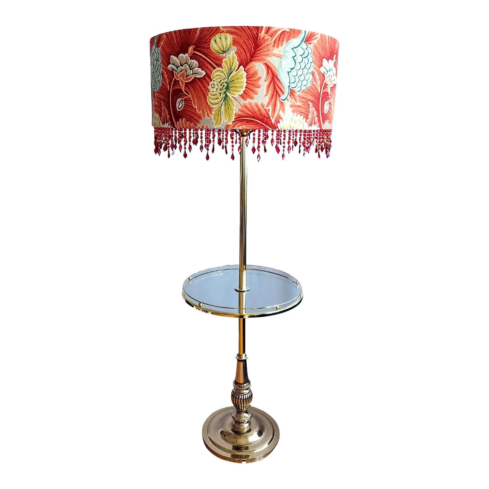 Restyled Vintage Brass Floor Lamp With Glass Table: Glamorous Hollywood Regency style vintage brass floor lamp with glass cocktail table featuring a large restyled drum shade newly covered in designer Brunschwig & Fils "Las Palmas" fabric in orange, re