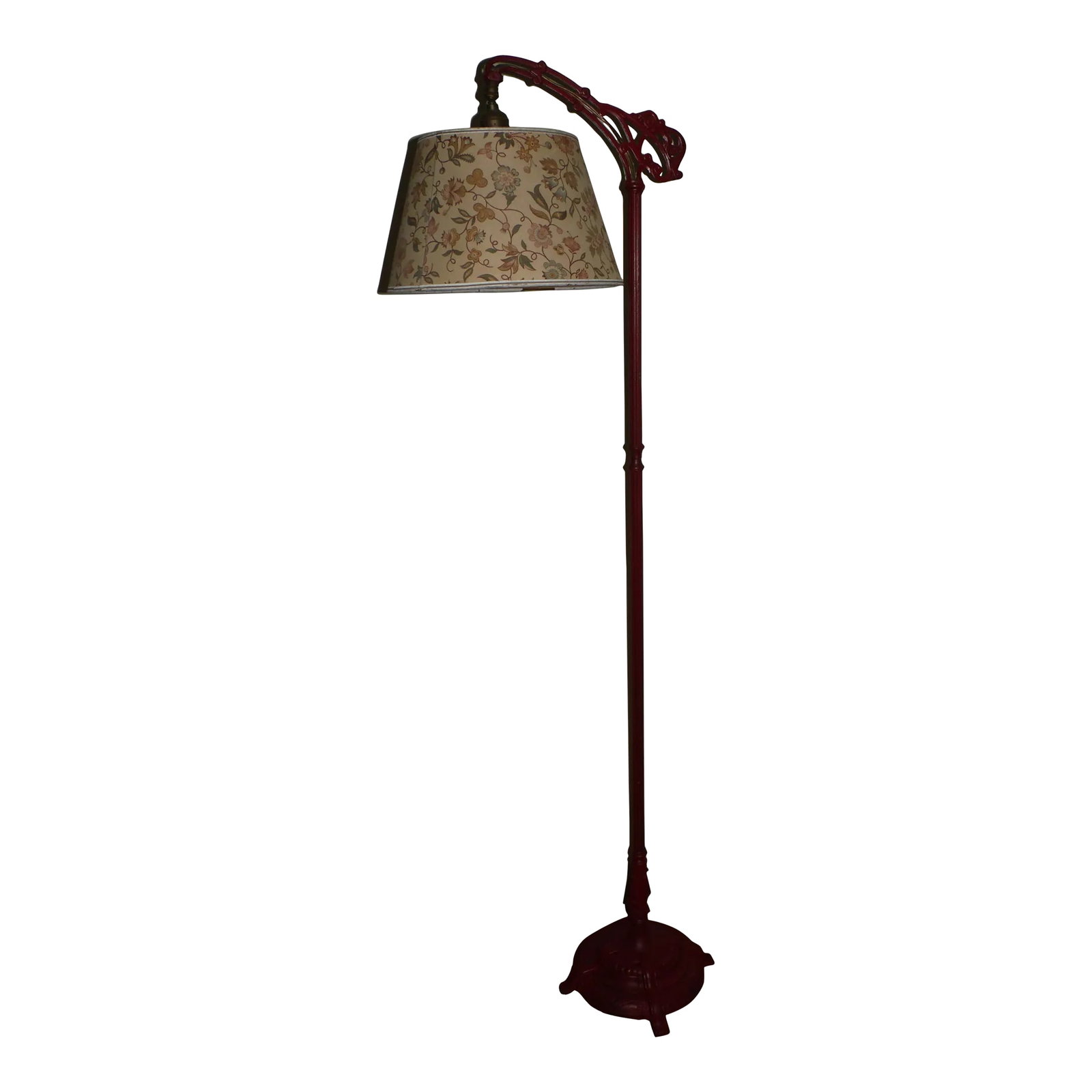 Antique Art Nouveau Cast Iron Bridge Floor Lamp Red Arched Light With Shade: Antique Art Nouveau Cast Iron Bridge Arm Floor Lamp c.1920s. Arched lamp in red with great details and scroll design, comes with vintage floral shade Dimensions: 11" wide x 56" high Condition:
