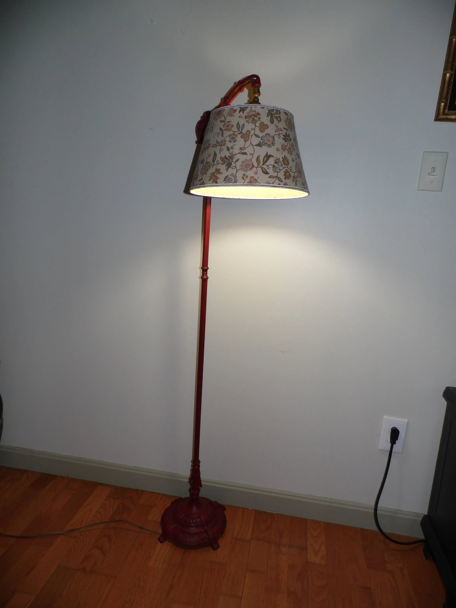 Antique Art Nouveau Cast Iron Bridge Floor Lamp Red Arched Light With Shade - 3