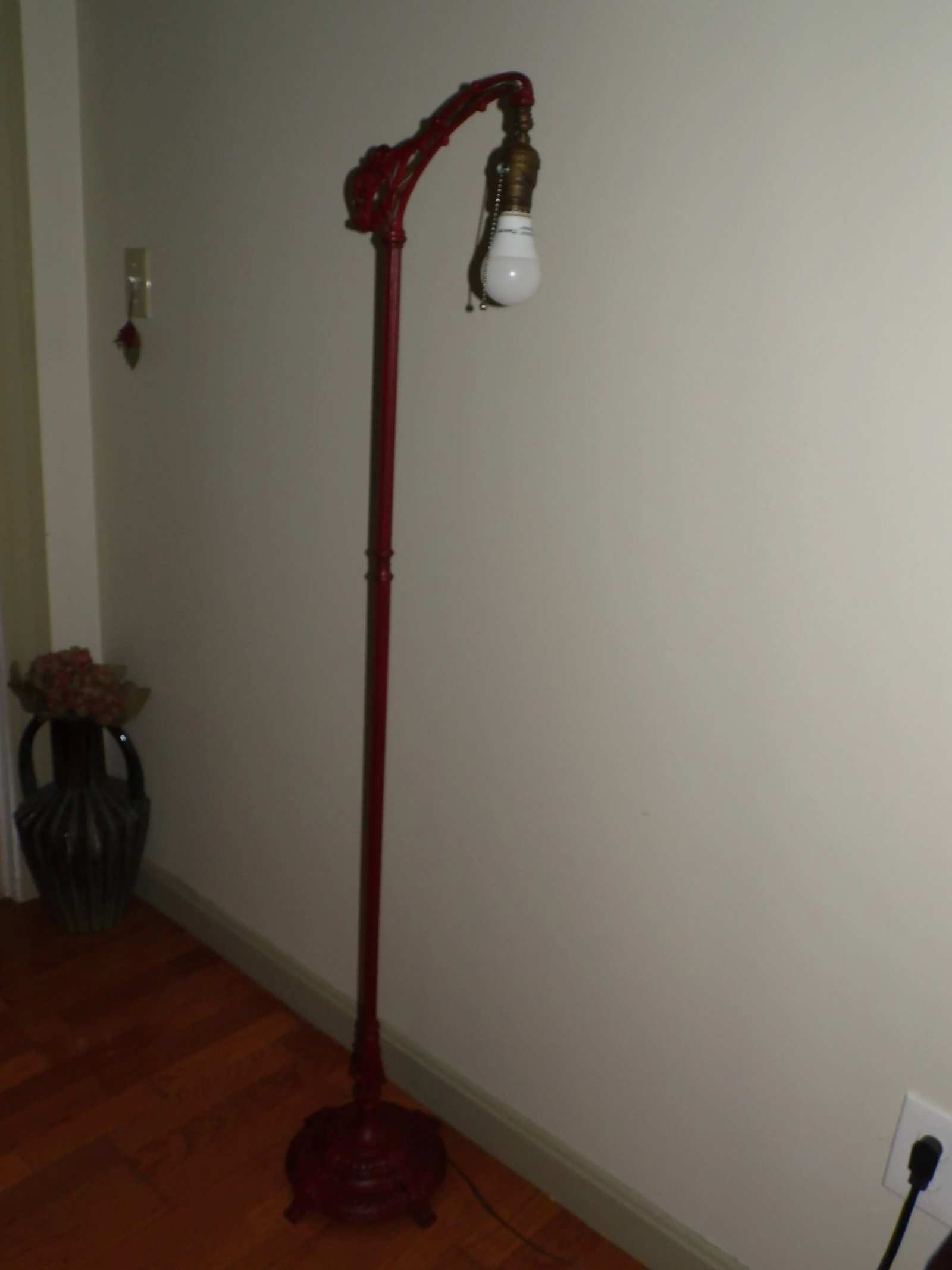Antique Art Nouveau Cast Iron Bridge Floor Lamp Red Arched Light With Shade - 7