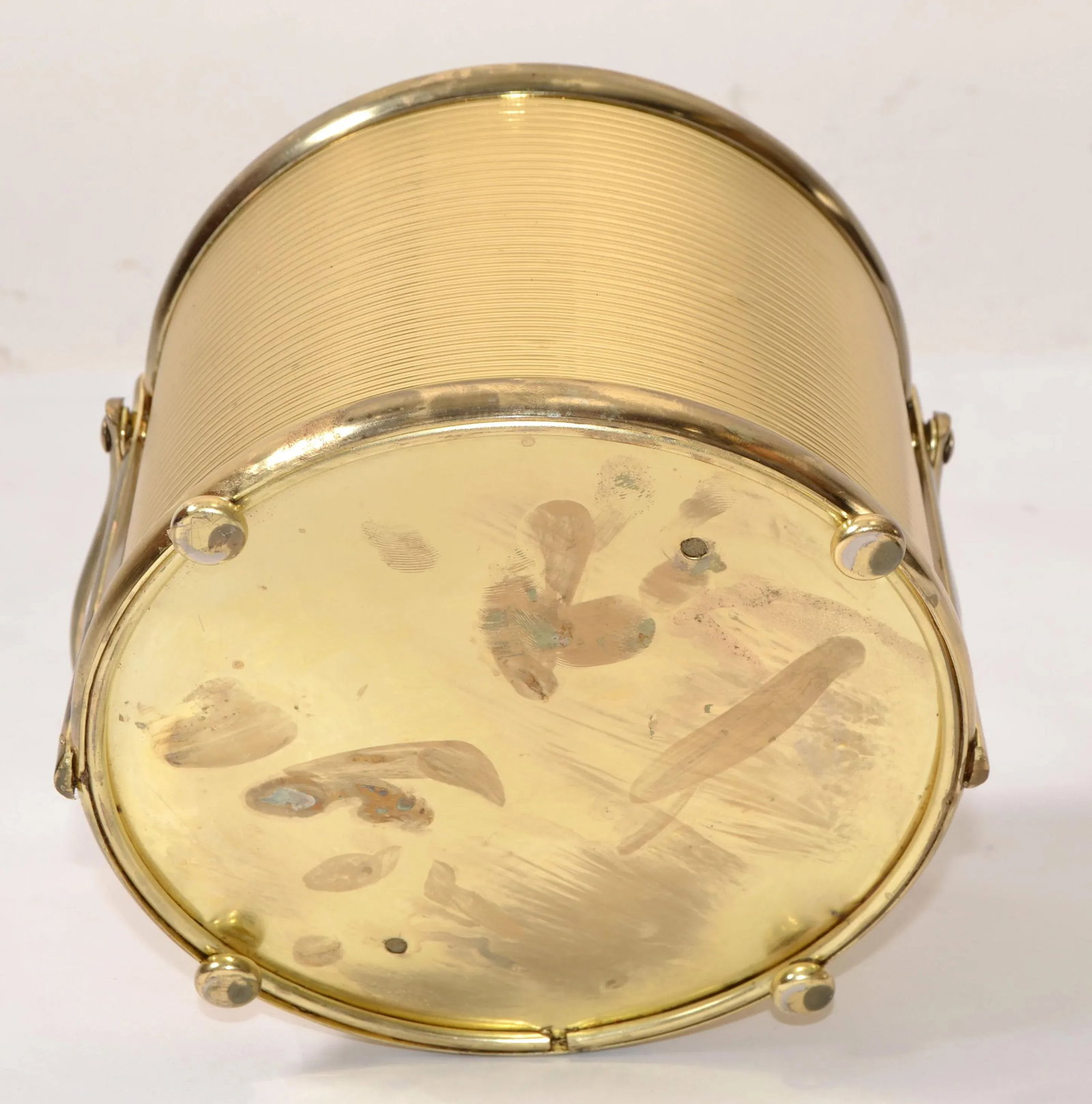 1940s Art Deco French Vacuum Insulated Ice Bucket Heavy Glass Insert Gold Finish Metal - 10