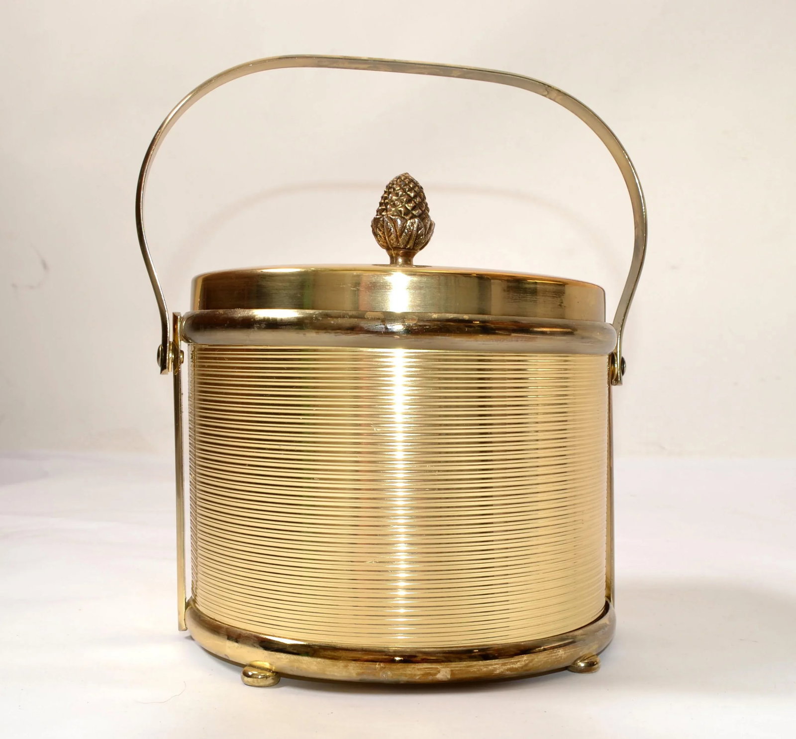 1940s Art Deco French Vacuum Insulated Ice Bucket Heavy Glass Insert Gold Finish Metal - 12
