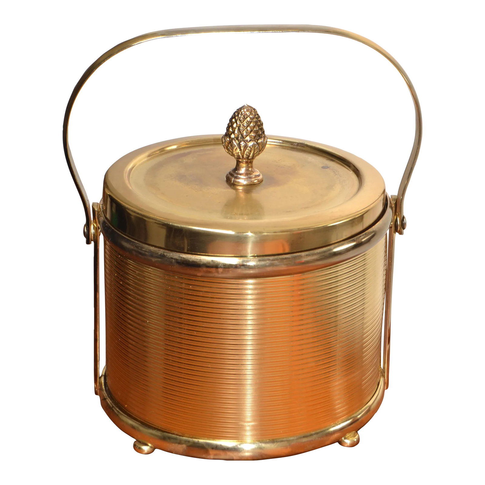 1940s Art Deco French Vacuum Insulated Ice Bucket Heavy Glass Insert Gold Finish Metal: This brass finish ribbed Metal Ice Bucket meets the Barware from the circa 1940s in France. Practical Ice Bucket with unique Handle, Acorn Knob and heavy white glass Vacuum Insulation keeping Your bev