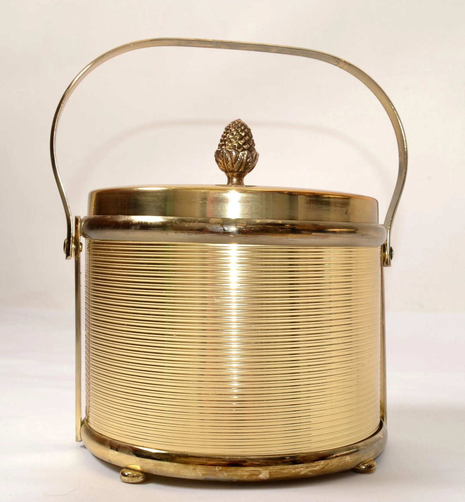 1940s Art Deco French Vacuum Insulated Ice Bucket Heavy Glass Insert Gold Finish Metal - 3