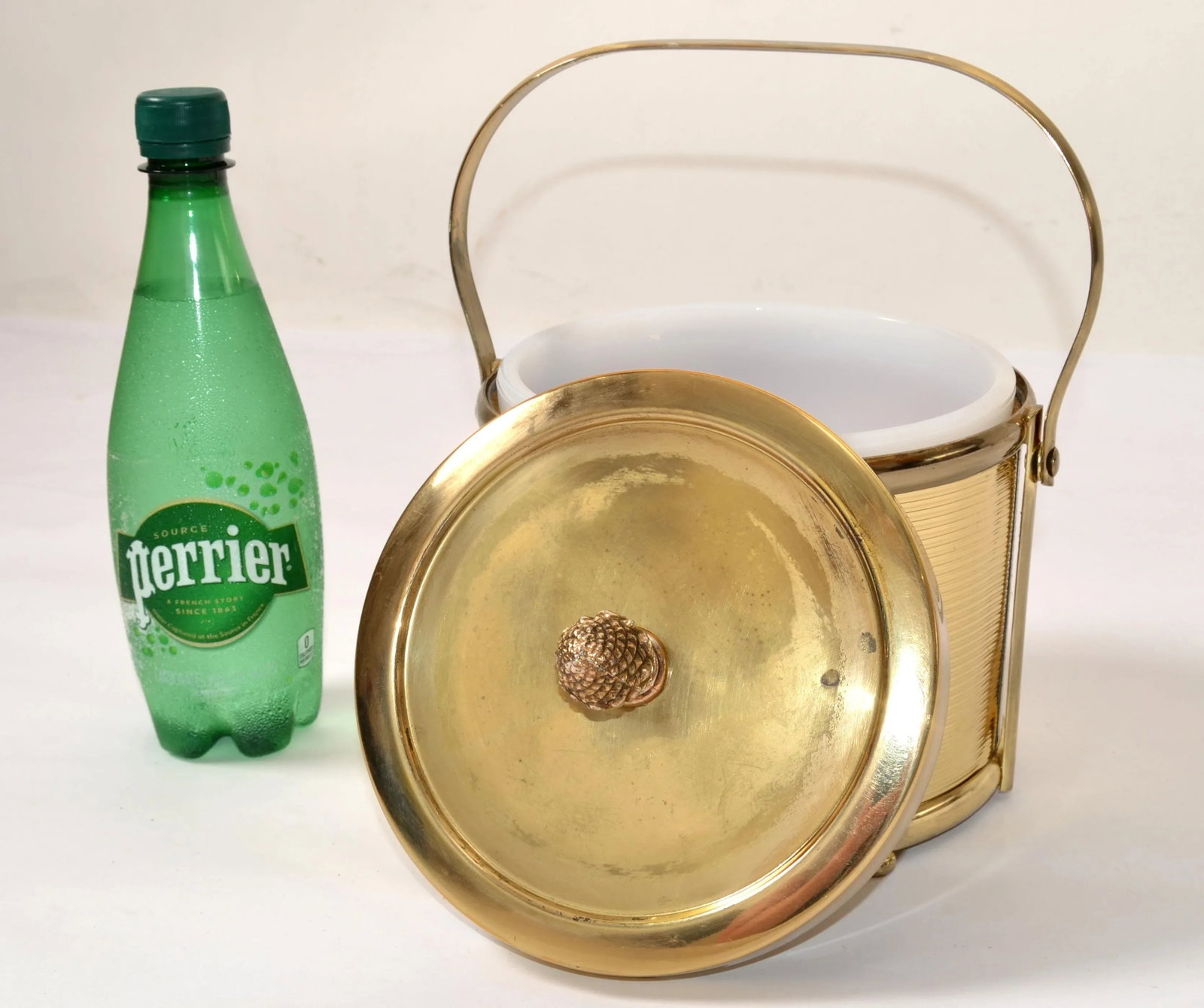 1940s Art Deco French Vacuum Insulated Ice Bucket Heavy Glass Insert Gold Finish Metal - 4
