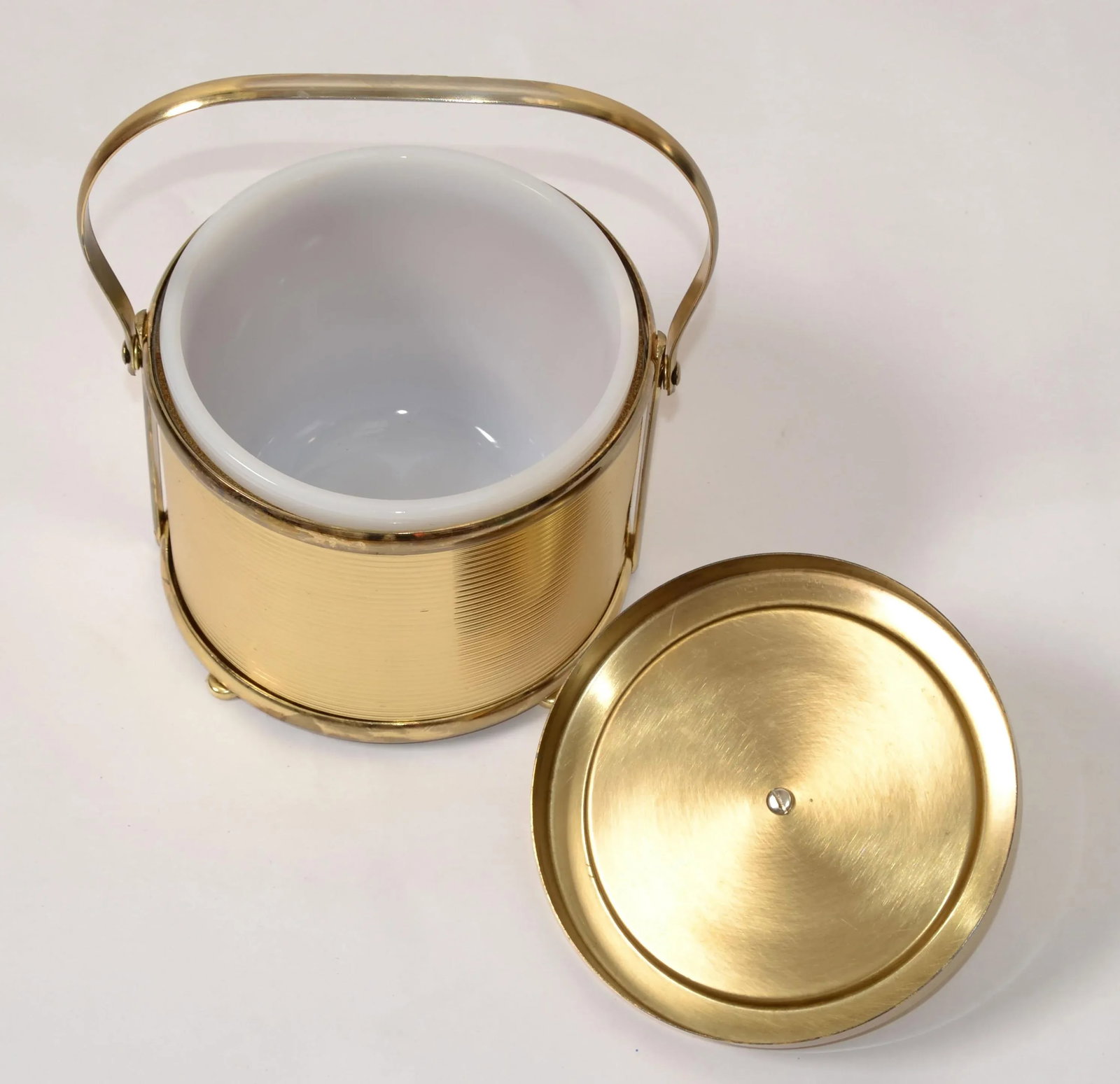 1940s Art Deco French Vacuum Insulated Ice Bucket Heavy Glass Insert Gold Finish Metal - 5