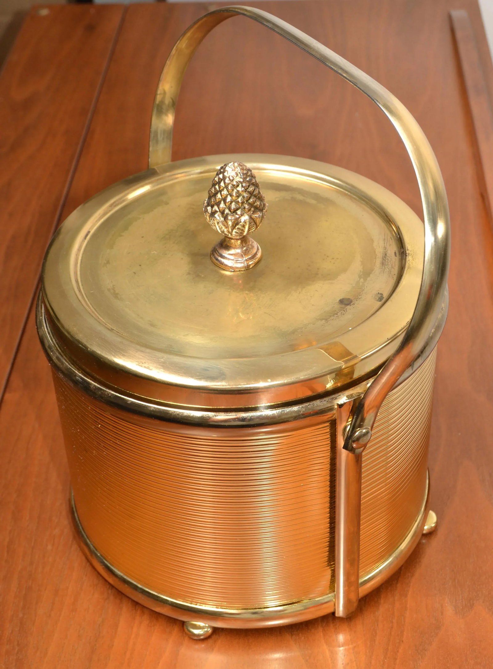 1940s Art Deco French Vacuum Insulated Ice Bucket Heavy Glass Insert Gold Finish Metal - 6
