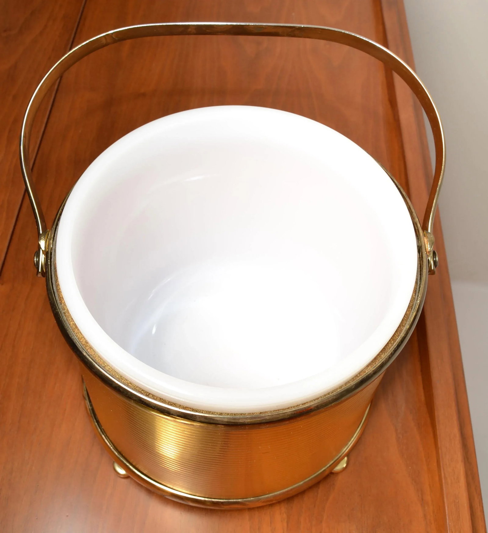 1940s Art Deco French Vacuum Insulated Ice Bucket Heavy Glass Insert Gold Finish Metal - 7
