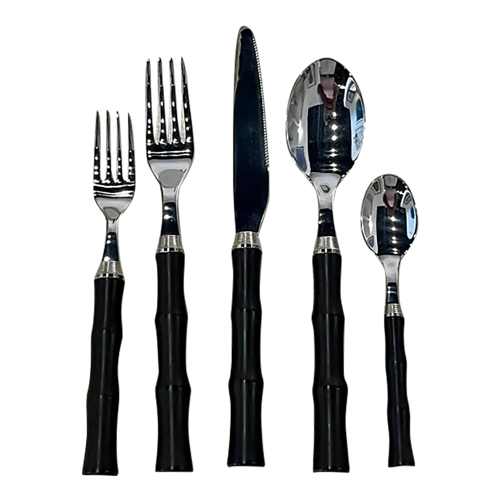 Blue Pheasant Faux Bamboo Flatware - 8 Sets- 40 Pieces Total: Montecito dark brown (ebony color) in stainless steel and acrylic bamboo shaped handles. 5 pieces per set as shown. Sold only as all 8 sets.. Retail is $125 per set/ $1000 retail for all 8 sets. (8