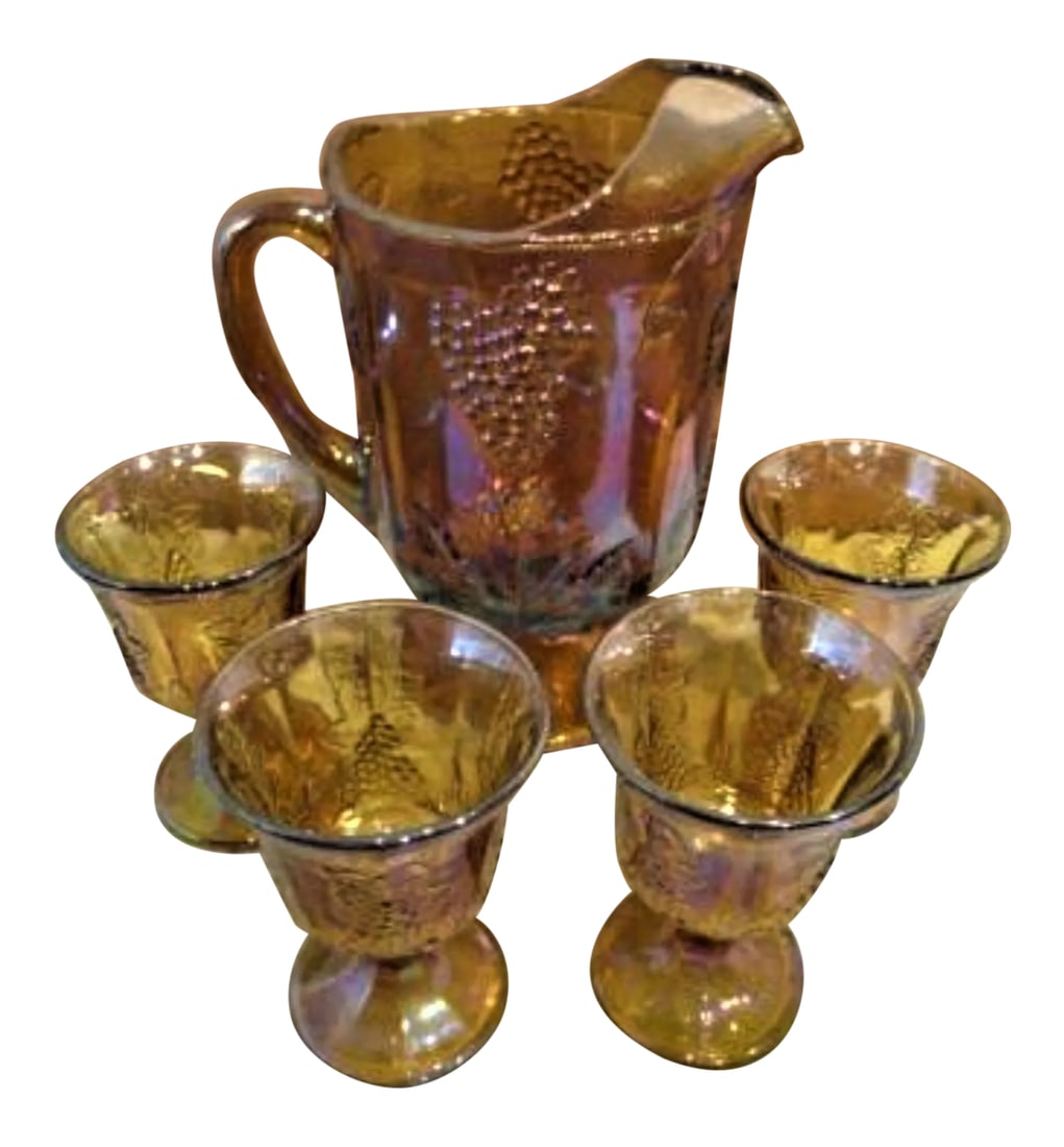 Vintage Harvest Grape Pattern Indiana Glass Co. Carnival Glass Pitcher & Goblets- 5 Pieces: All 5 pieces, pitcher and matching 4 drinking glasses/goblets, are in excellent condition, PERFECT! with no cracks or chips and were purchased in the 1960s. The pitcher is 9-1/8 inches tall and 6