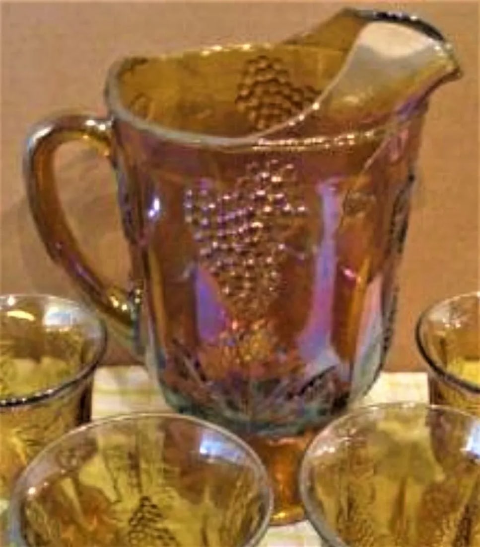 Vintage Harvest Grape Pattern Indiana Glass Co. Carnival Glass Pitcher & Goblets- 5 Pieces - 3
