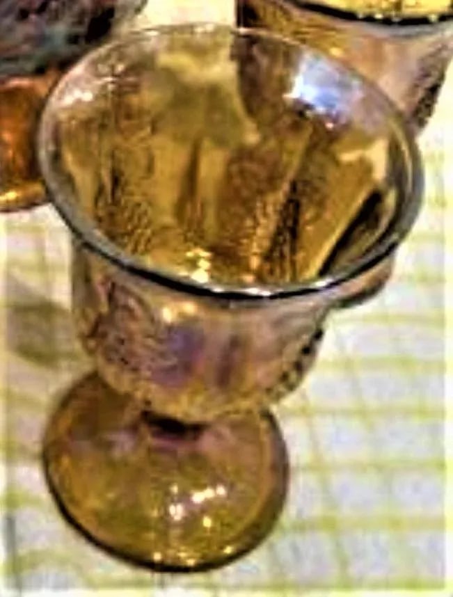 Vintage Harvest Grape Pattern Indiana Glass Co. Carnival Glass Pitcher & Goblets- 5 Pieces - 4