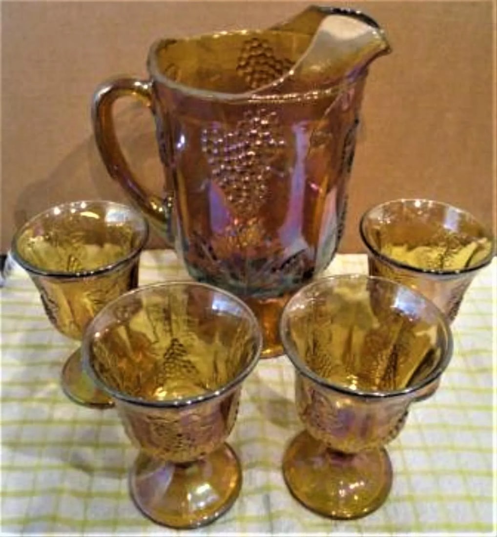 Vintage Harvest Grape Pattern Indiana Glass Co. Carnival Glass Pitcher & Goblets- 5 Pieces - 7