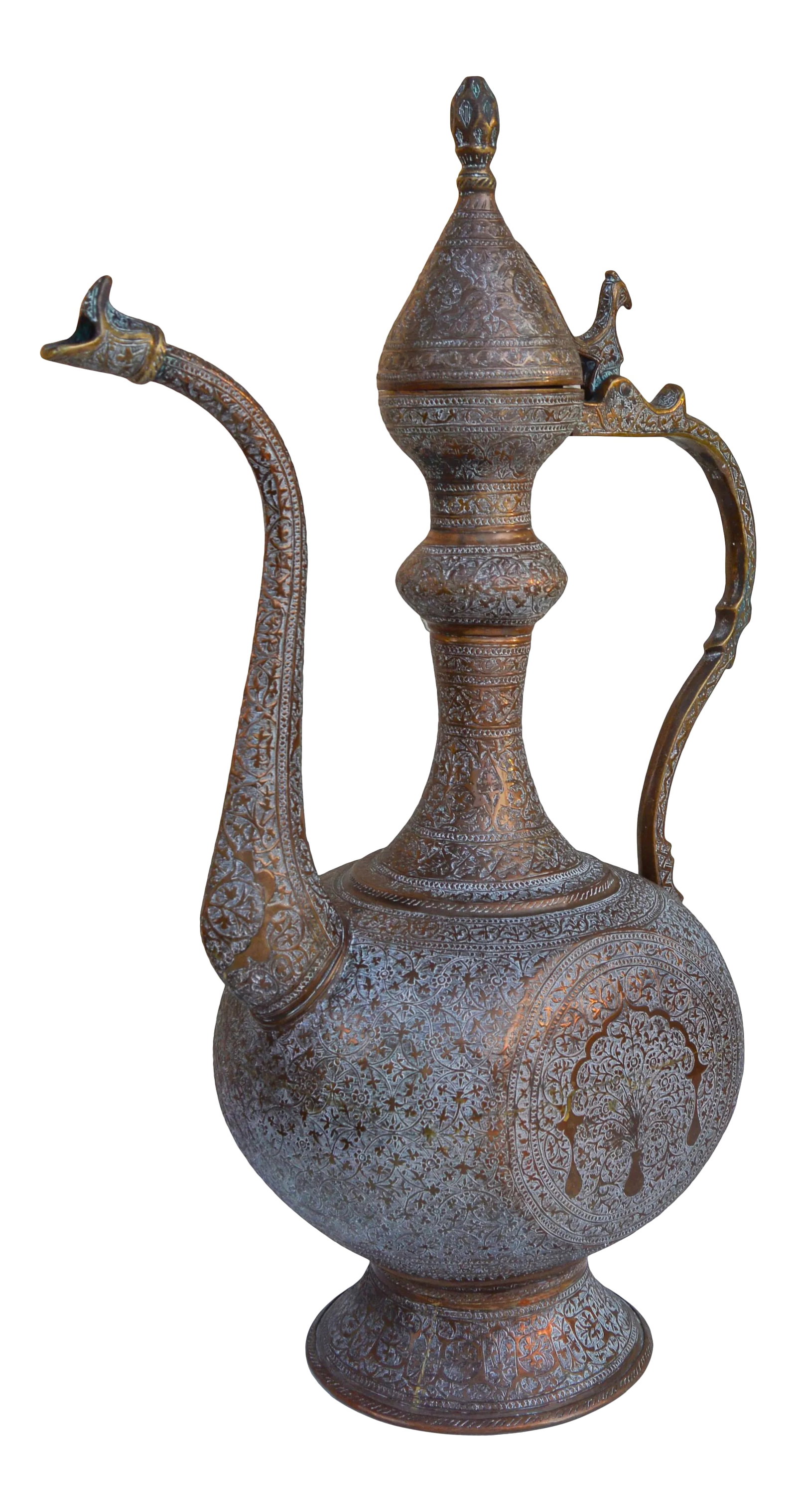 Antique Engraved Copper Pitcher: Antique handmade solid copper pitcher with ornate hand-hammered and engraved designs. This beautiful accent ships within 1-2 business days from purchase, and to be received within 2-4 business days