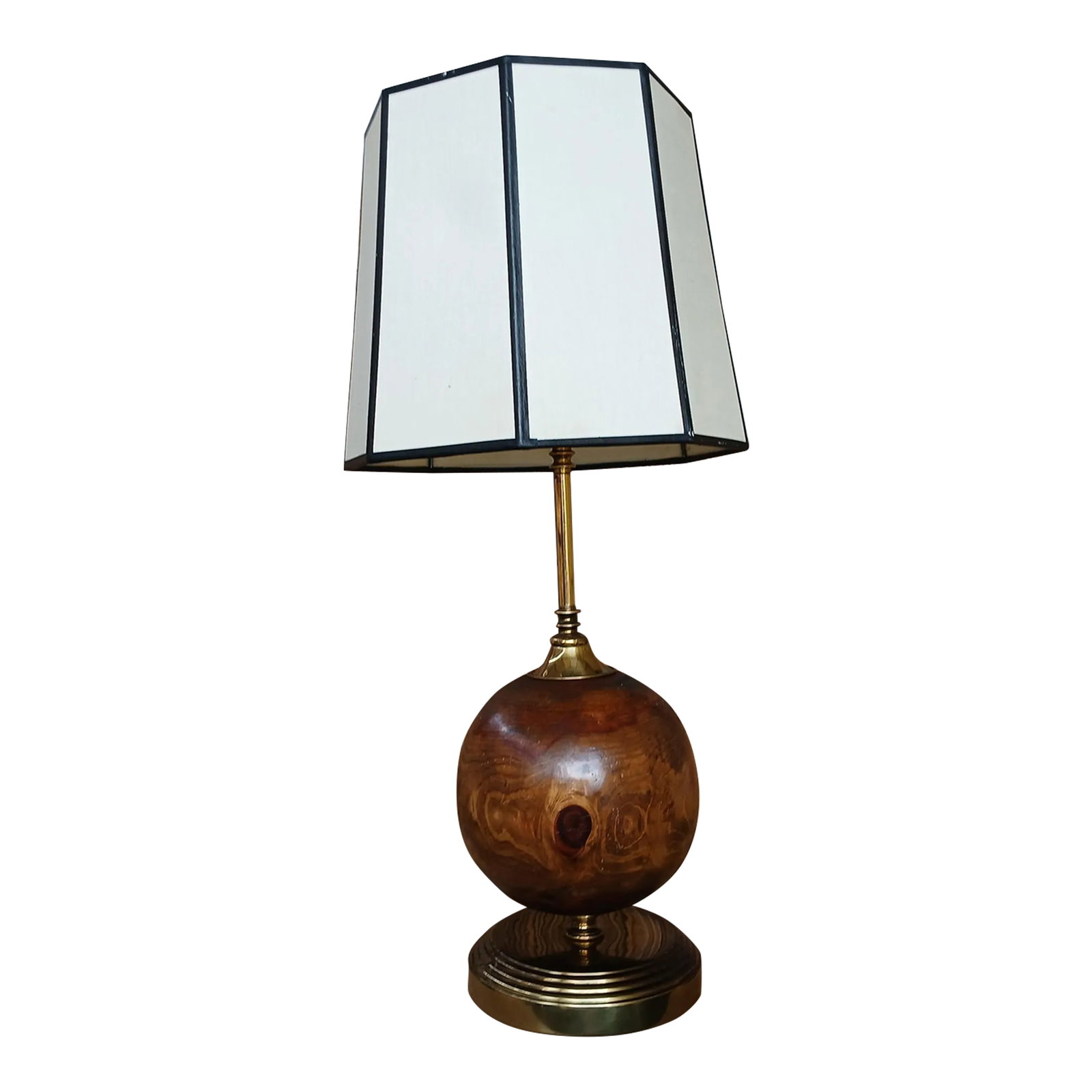 1980s Cedar Burl and Brass Table Lamp: A vintage brass and cedar ball burl with a custom designed shade is today's offering its mid century and is in very good condition, it 26" tall with shade and finial by. 11" wide a managable size for