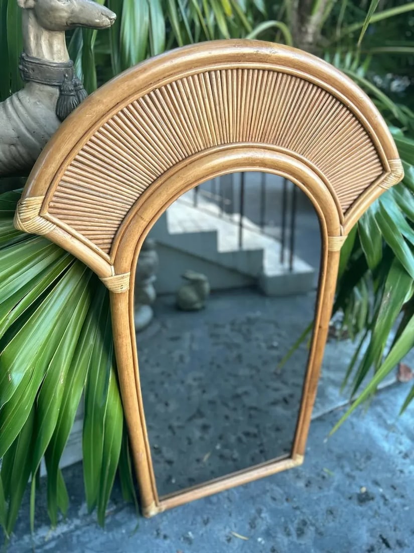 Vintage Wrapped Rattan Fan Shaped Mirror - 2