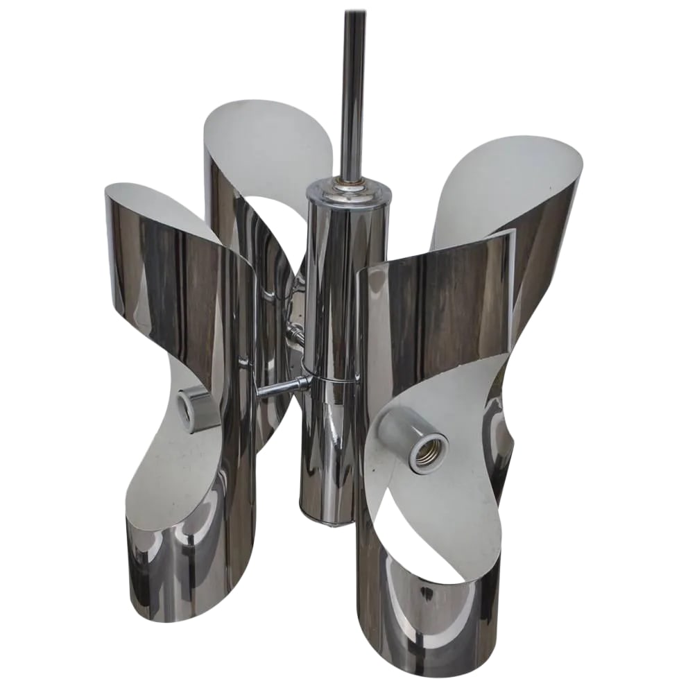 Vintage Italian Style Midcentury Chrome Chandelier: Vintage Italian style midcentury chrome chandelier 'MR15346' Unique cylinder shaped chrome four bulb fixture with sculptural curves and a long stem to accommodate high ceilings and entryways.