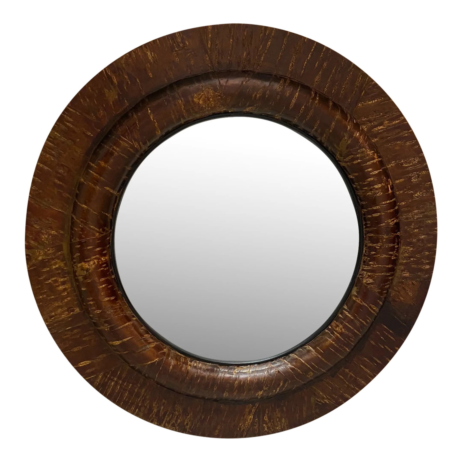 Late 20th Century Round Bark-Wrapped Mirror: Country-house-chic bark-wrapped round mirror with beautiful aging and natural distressing. 32" diameter size is perfect for hanging about a lakehouse mantle. Wired and ready to hang Condition: