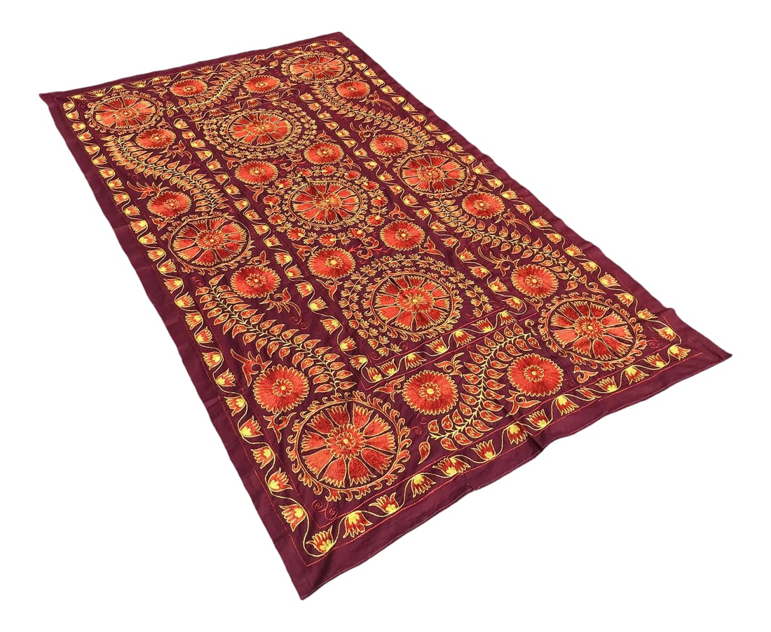 Boho Chic Crochet Bedspread From Handmade Suzani Fabric: Handmade tapestry with flowers. Unique colors and full condition. 217 x 131 CM - 7,1 x 4,3 FT Vintage SUZANI Fabric. Looks beautiful in any home setting and is a great accent to any room. Can be used