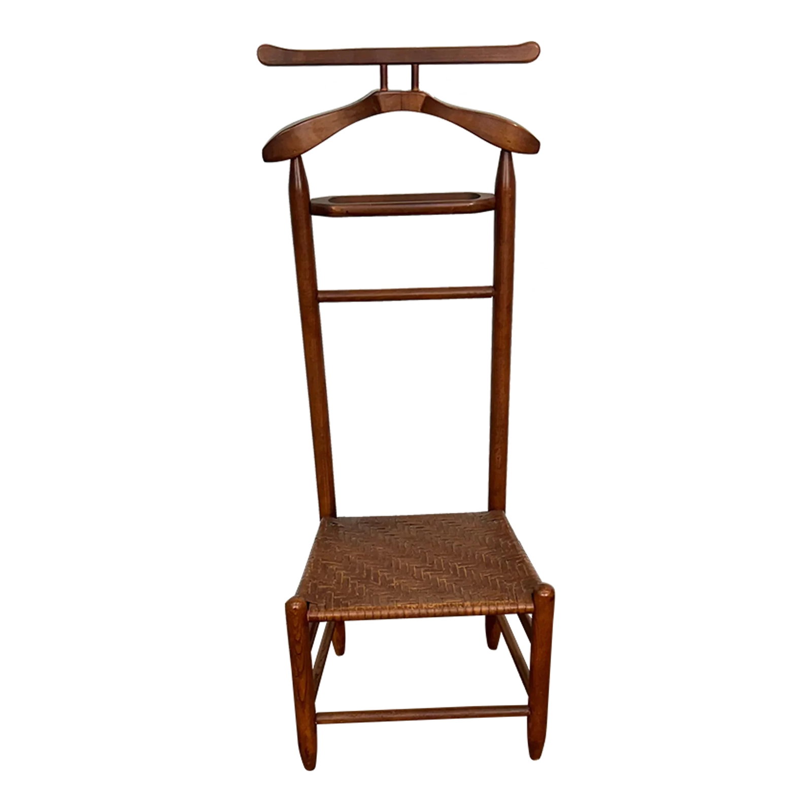 Mid 20th Century Vintage Valet Chair: Valet chair has a great style with a solid design. Legs have a little surface wear as shown but no major breaks or cracks. The woven seat has a great look and is in great shape. The hanger top and tra