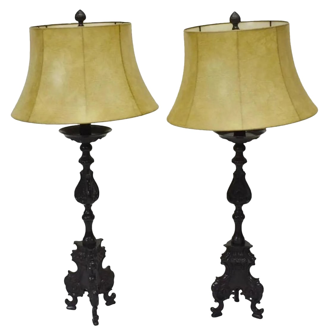 Large Antique French Baroque Church Altar Stick Electrified Table Lamps - a Pair: A magnificent pair of large early 20th century patinated and ebonized / painted black cast brass single light French church altar candle-stand prickett / candlestick / candle-holder professionally ele