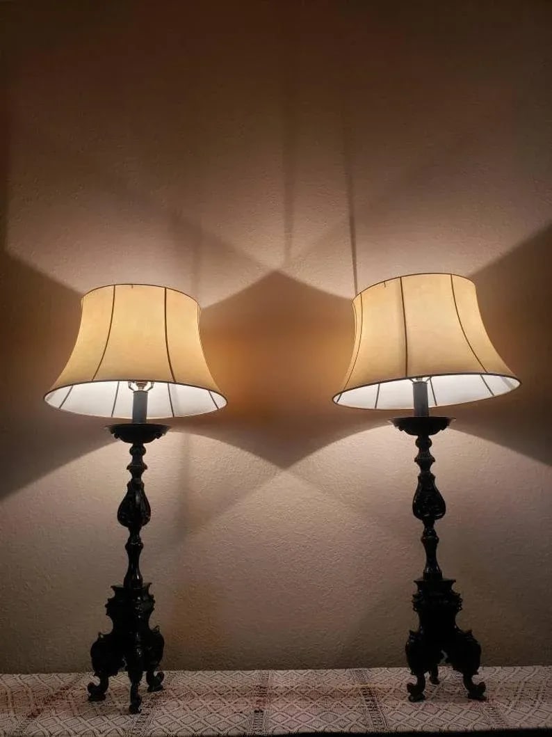 Large Antique French Baroque Church Altar Stick Electrified Table Lamps - a Pair - 2