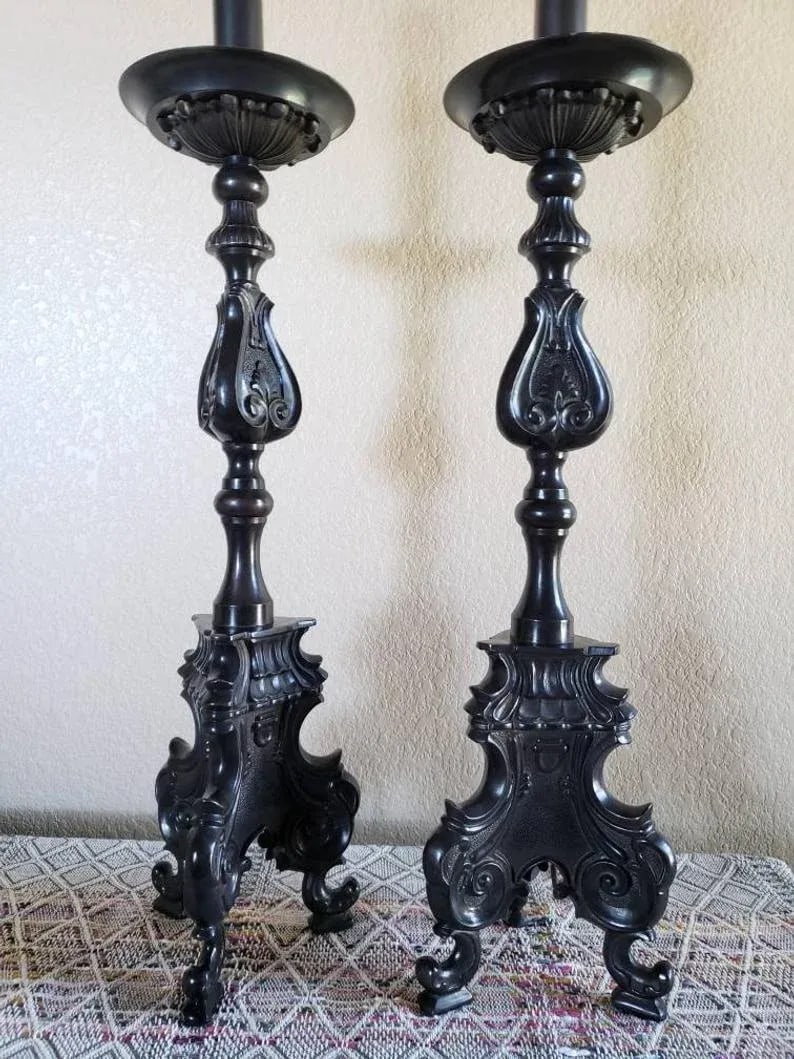 Large Antique French Baroque Church Altar Stick Electrified Table Lamps - a Pair - 6