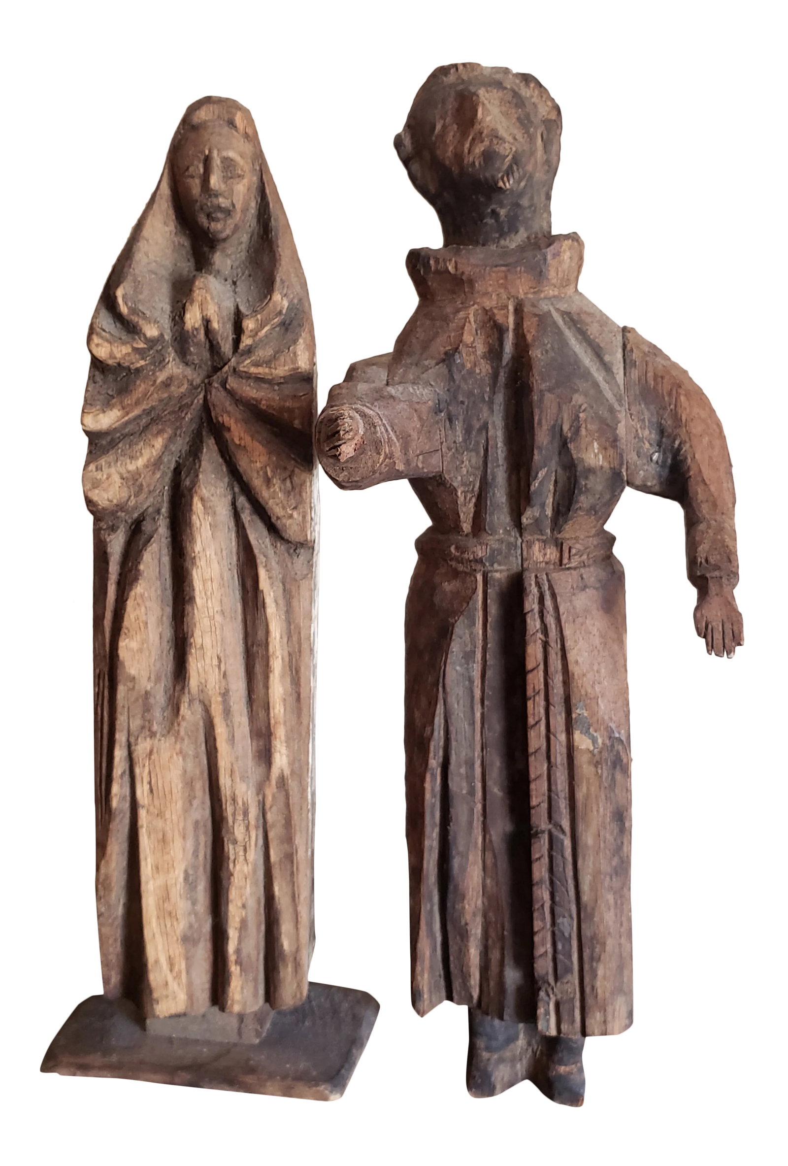 Large 18th/19th Century Carved Stripped Rustic Wooden Santo Altar Figures Religious Folk Art Statue: A rare one-of-a-kind pair of large rustic antique European hand carved stripped and scraped wood Santo church altar figures. 18th/early 19th century, primitive hand-crafted construction, finely detail