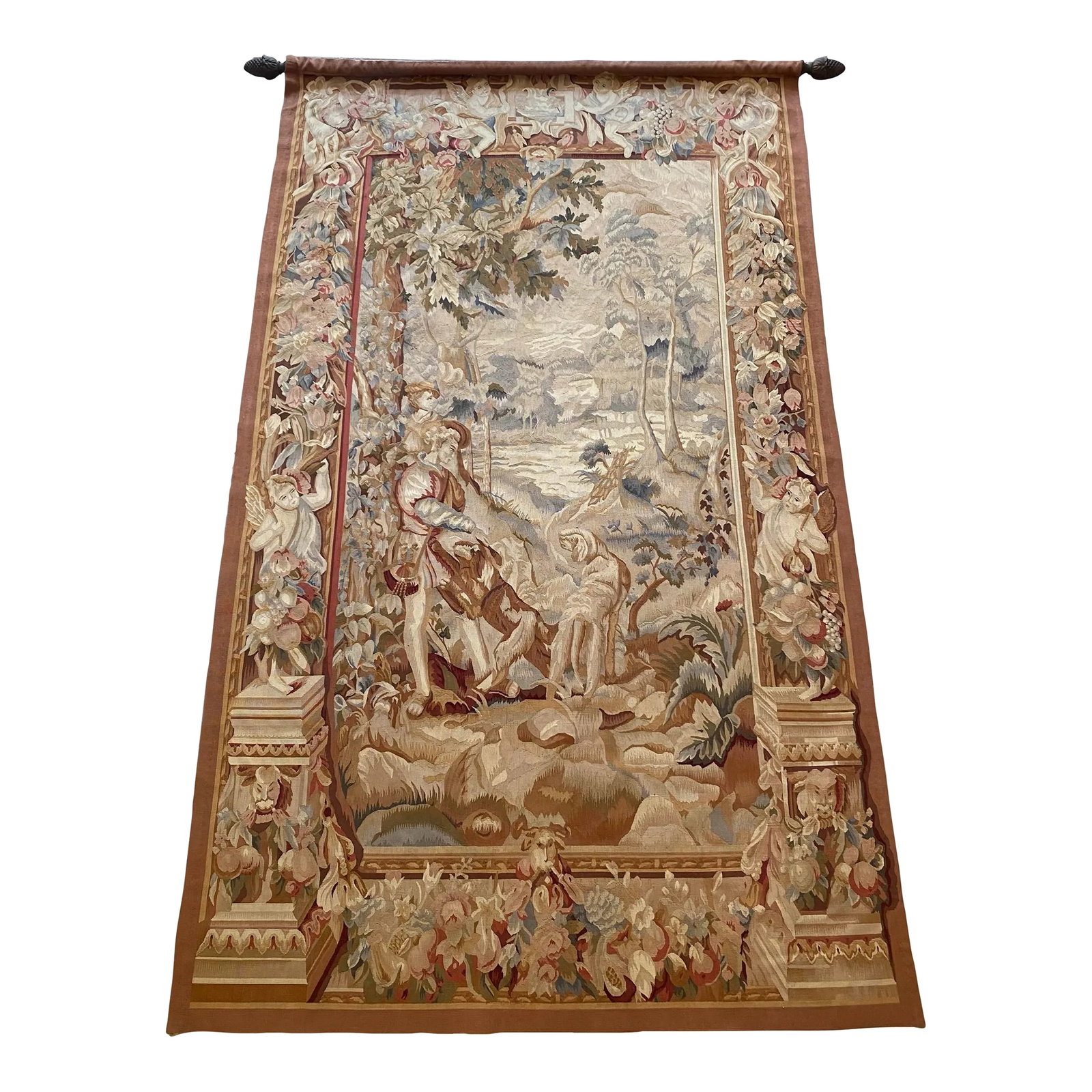 Vintage French Aubusson Style Handwoven Wall Tapestry: Late 20th century handwoven vintage tapestry in the French-Belgian Aubusson style. A beautiful countryside scene depicting a boy with his sheep along with cherubs along the sides. Complete with heavy