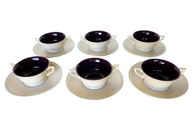 Midcentury Franciscan "Montecito" Bouillabaisse Bowls - Set of 6: Set of six Montecito mid-century duo-tone bouillabaisse bowls and saucer plates in oatmeal and maroon by California Franciscan maker Gladding McBean. Dates from 1940-1947. Originally offered by Barker