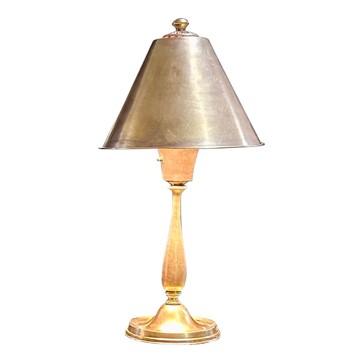 Tapered Brass Shade and Turned Brass Base, Decorative Top, Table Lamp in the Style of New York's Pub: Stunning table lamp with a conical, brass shade and a turned brass base-in the style of New York's Public Library's Quiet Room table lamps. It is quite a heavy-duty little model-it weighs in at 6.2 lb