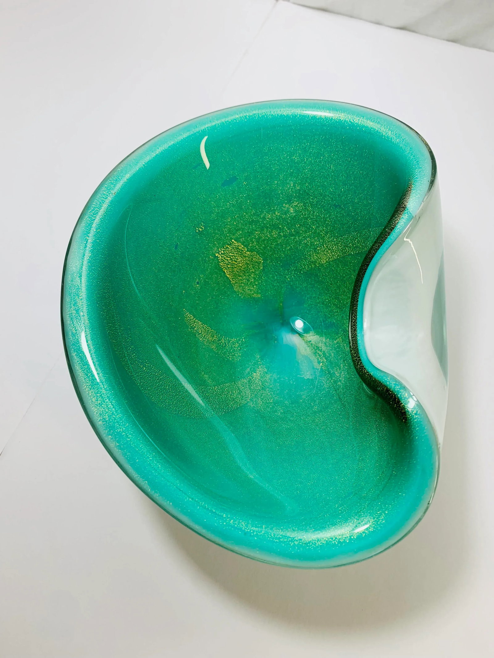1950s Murano Seguso Turquoise and Gold Fleck Bowl - 11