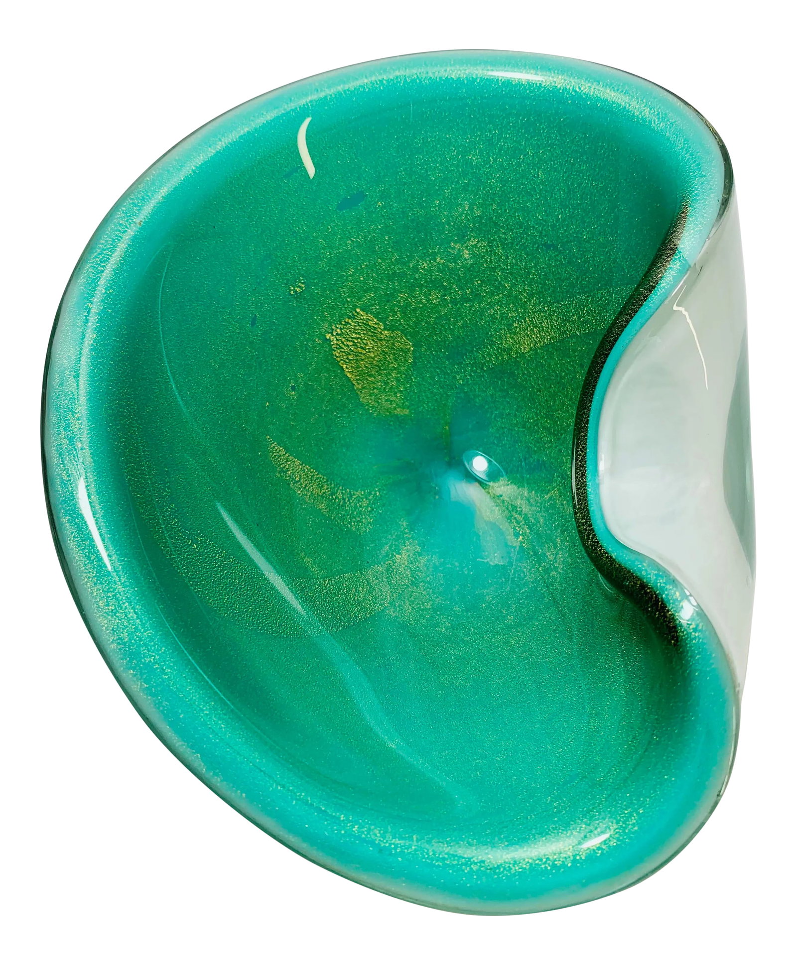 1950s Murano Seguso Turquoise and Gold Fleck Bowl: Offered here is a beautiful and heavy glass Murano bowl featuring turquoise cased in white glass, circa 1950. Attributed to artist and designer Archimede Seguso. The piece has one folded side and has 