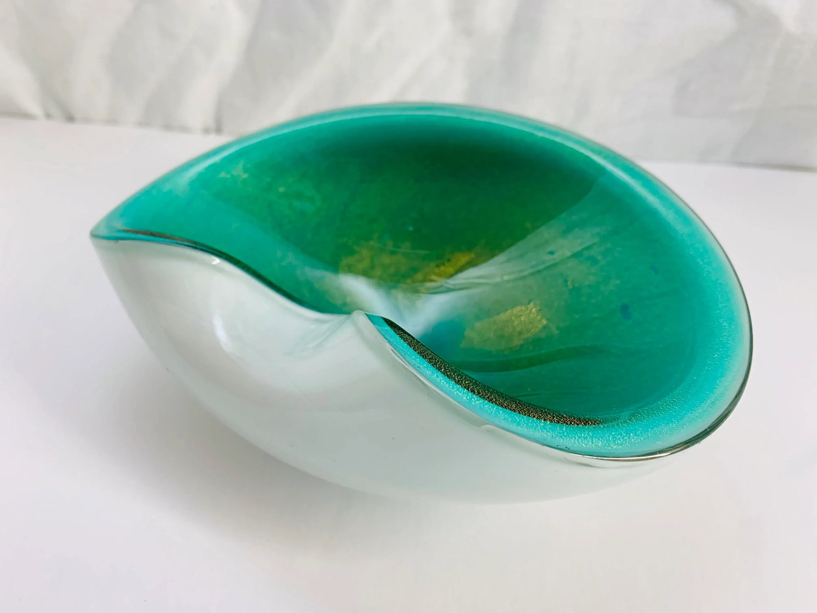 1950s Murano Seguso Turquoise and Gold Fleck Bowl - 4