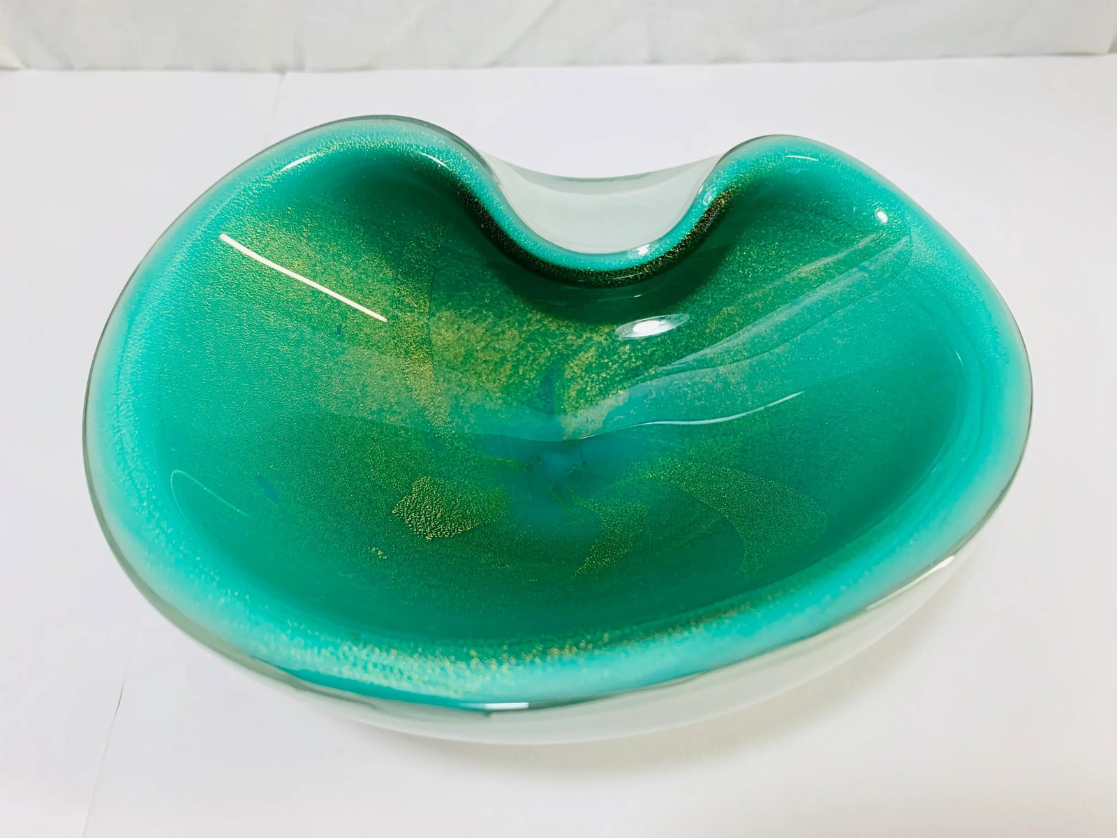 1950s Murano Seguso Turquoise and Gold Fleck Bowl - 7