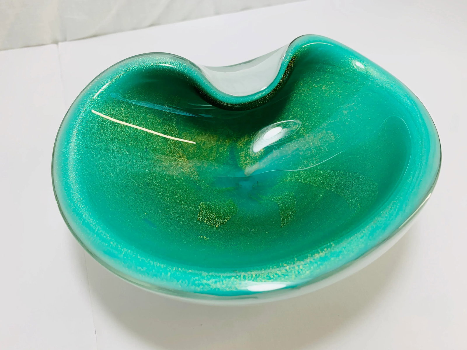 1950s Murano Seguso Turquoise and Gold Fleck Bowl - 8