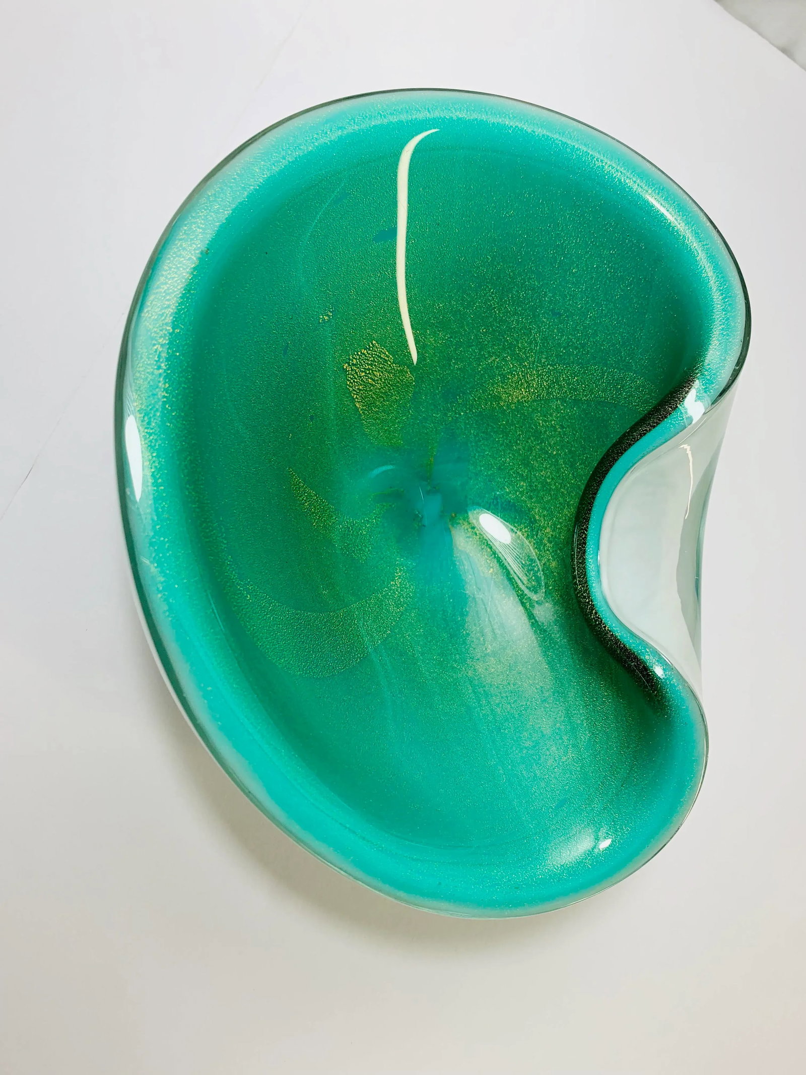 1950s Murano Seguso Turquoise and Gold Fleck Bowl - 9