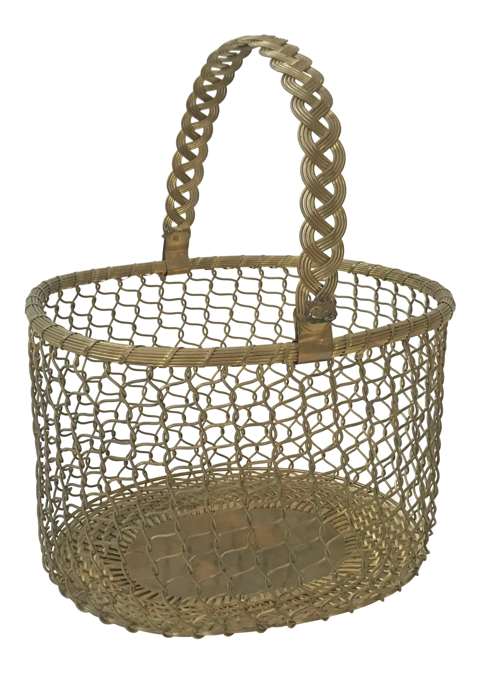 Vintage Hand Crafted Brass Chainlink Basket: Modern Mid Century Hollywood Regency Hand Crafted Brass Chainlink Basket in the Style of Christofle, handle can be collapsed, fabulous vintage condition. Condition: Alterations: Original Condition