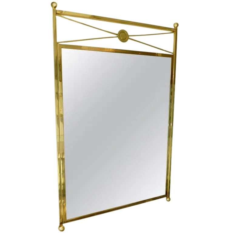 Vintage Modernist Billy Haines Style Brass Medallion Mirror 1960's: This vintage very modernist designed mirror with a French Billy Haines influence has elegance and simplicity with it's ball toppings and crisscross medallion centered top. This is timeless and transce