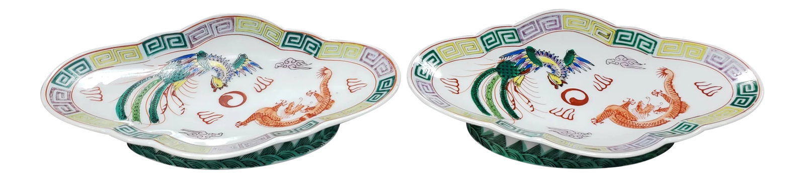 1970 Chinese Qianlong Style Famille Verte Porcelain Footed Sweetmeat Dishes - a Pair: Up for sale is a Circa 1970 Chinese Qianlong Style Famille Verte Porcelain Footed Sweetmeat Dishes! They each measure 1 3/4" tall and 9 3/8" wide at its widest point. The pair is in great overall