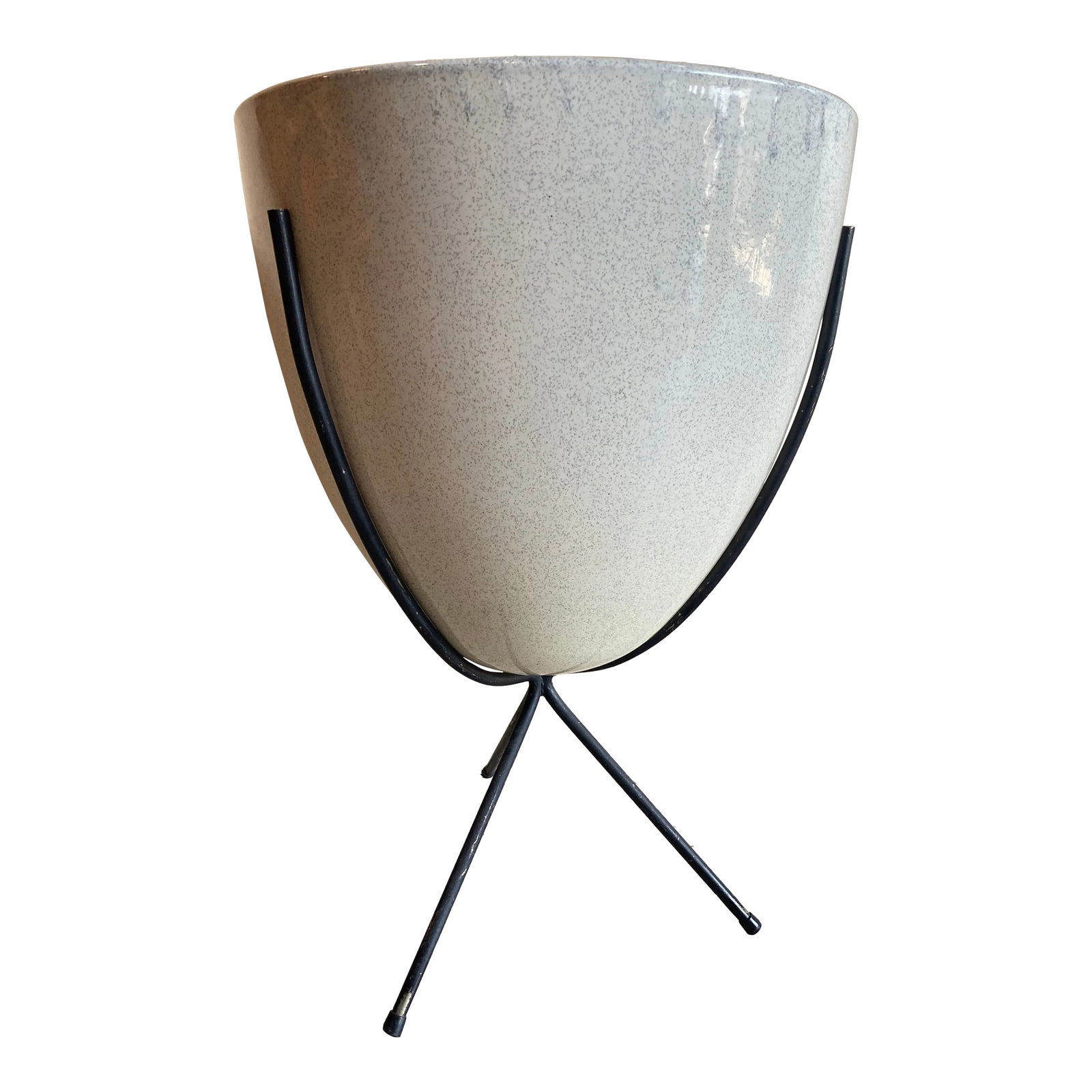 1950s White Speckled Bauer Pottery Egg Bullet Planter: These Bauer pottery bullet planters are exceedingly hard to find. This is a large version that measures 14 inches in diameter by 21 1/2 inches tall. It is a white pottery with gray speckles. It rests 