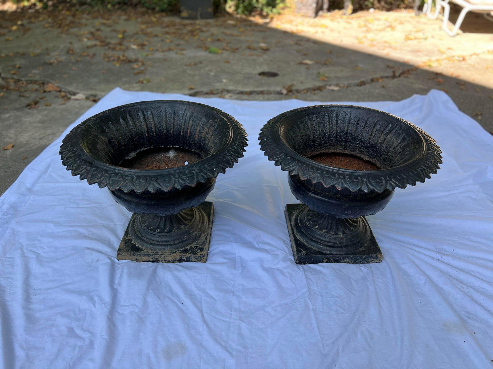 Antique Classical Cast Iron Garden Planters Urns- a Pair - 11
