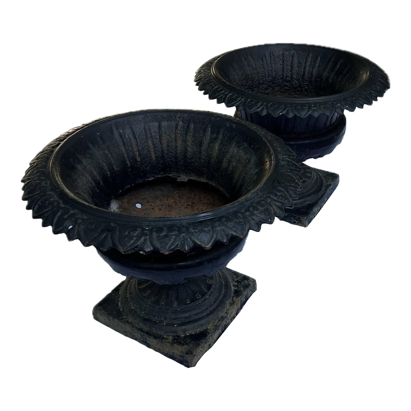 Antique Classical Cast Iron Garden Planters Urns- a Pair: Beautiful antique pair of black planters with traditional detailing. They are 21 1/4" round, with an inside bowl of 16", a 11 1/4" square base and are 16" tall. Condition: Alterations: Original Design