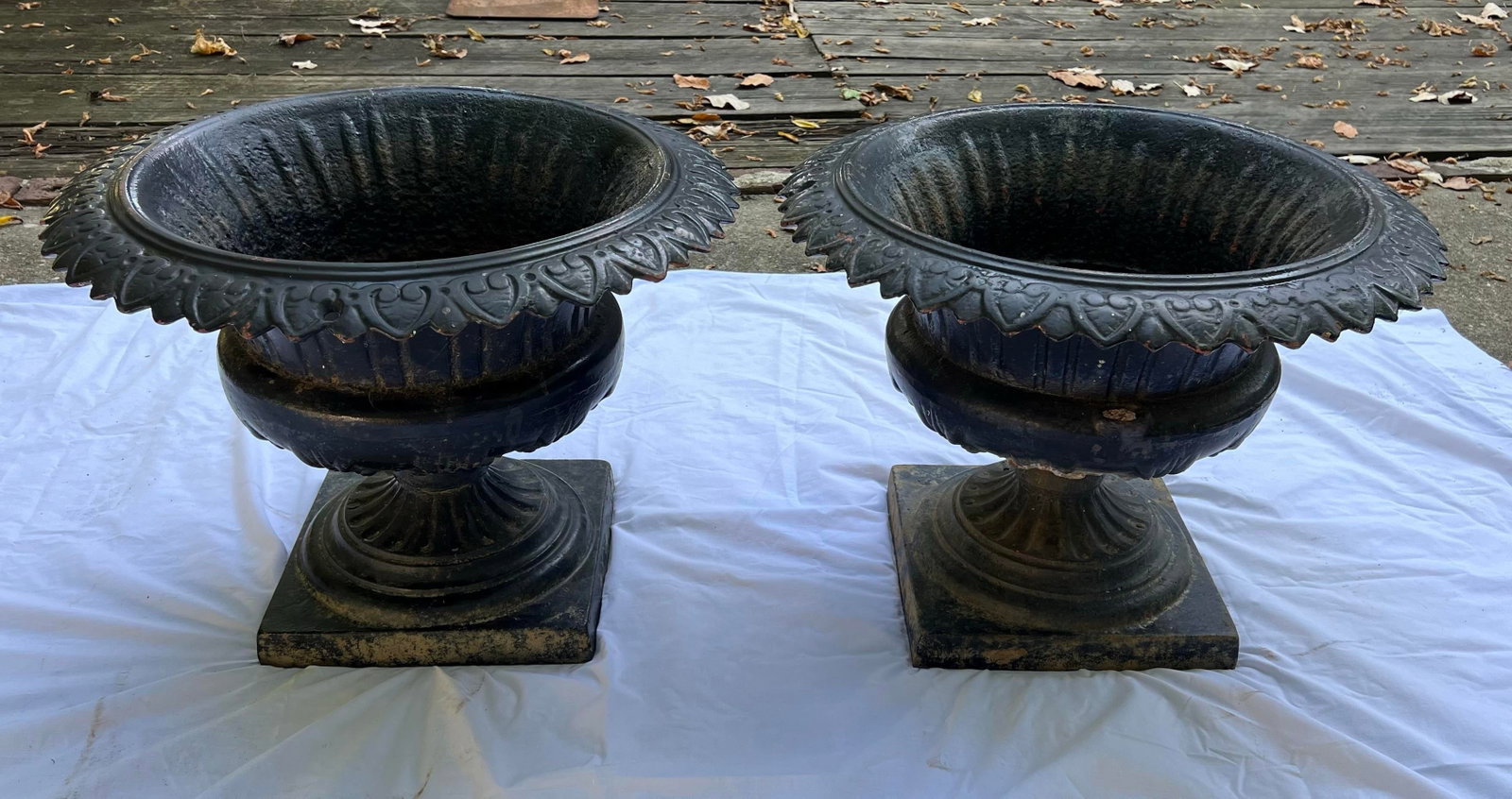 Antique Classical Cast Iron Garden Planters Urns- a Pair - 3