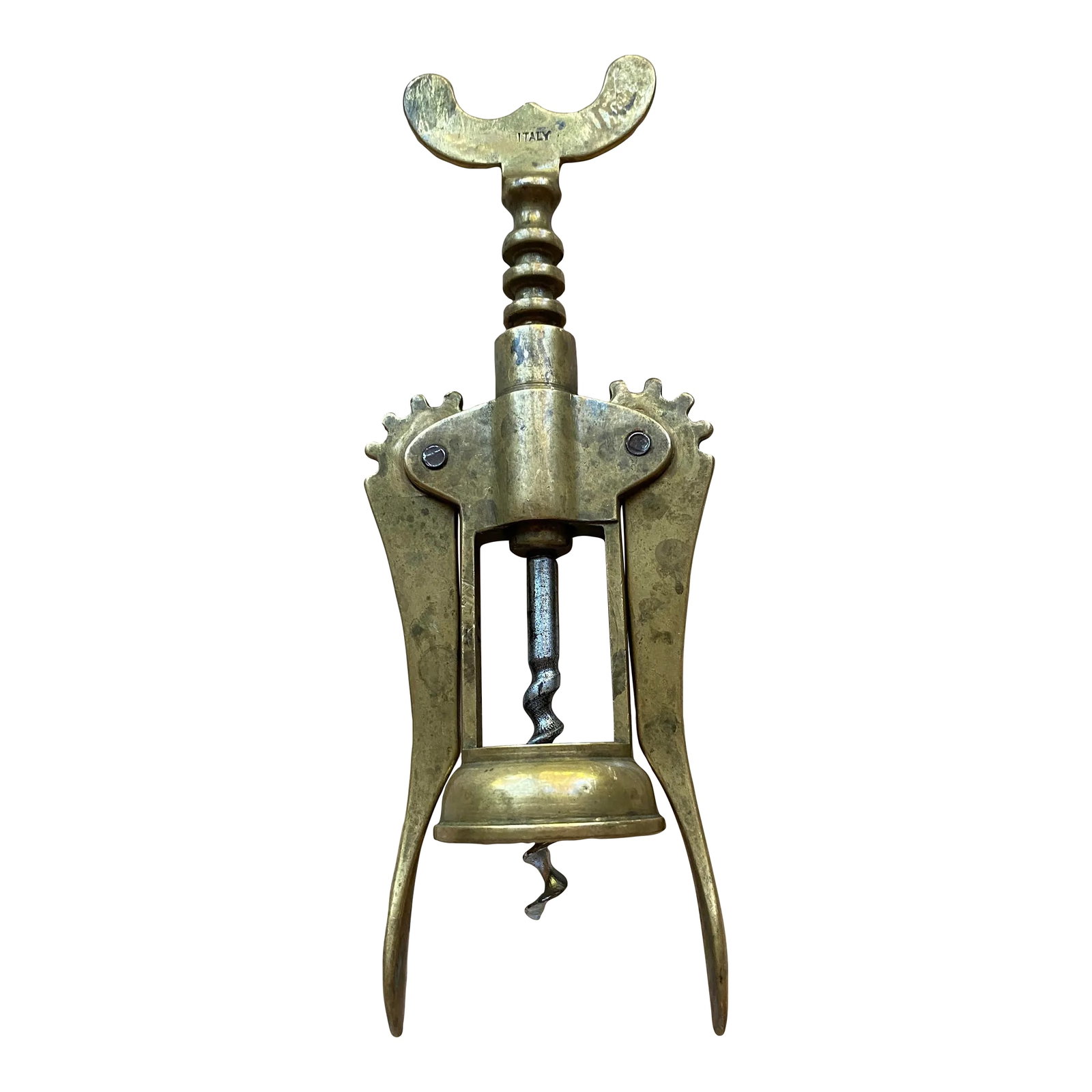 Vintage Brass "Winged" Cork Screw, Made in Italy: Vintage Wing Style Brass Cork Screw ~ Marked Italy. This beauty has heavy patina and works! Perfect addition to the vintage bar/wine cart. Use it or display it or both. Condition: Alterations: