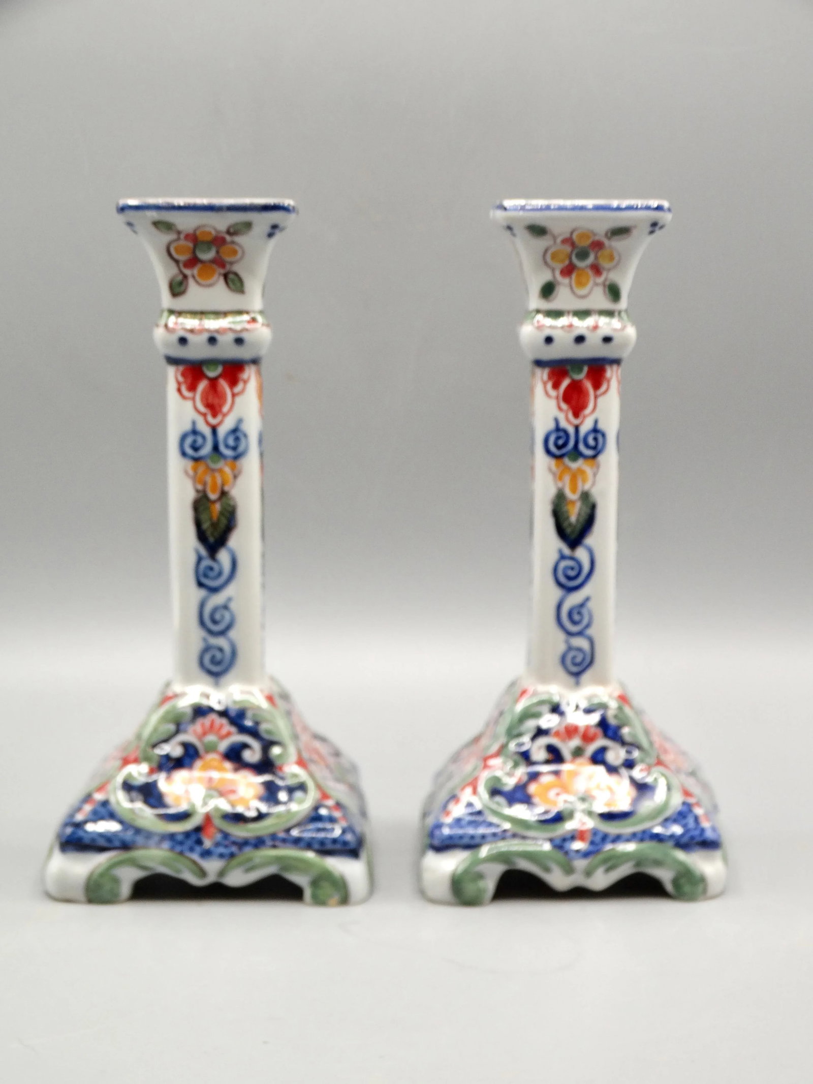 Dutch Delft Makkum Polychrome Candle Holders, a Pair - 2