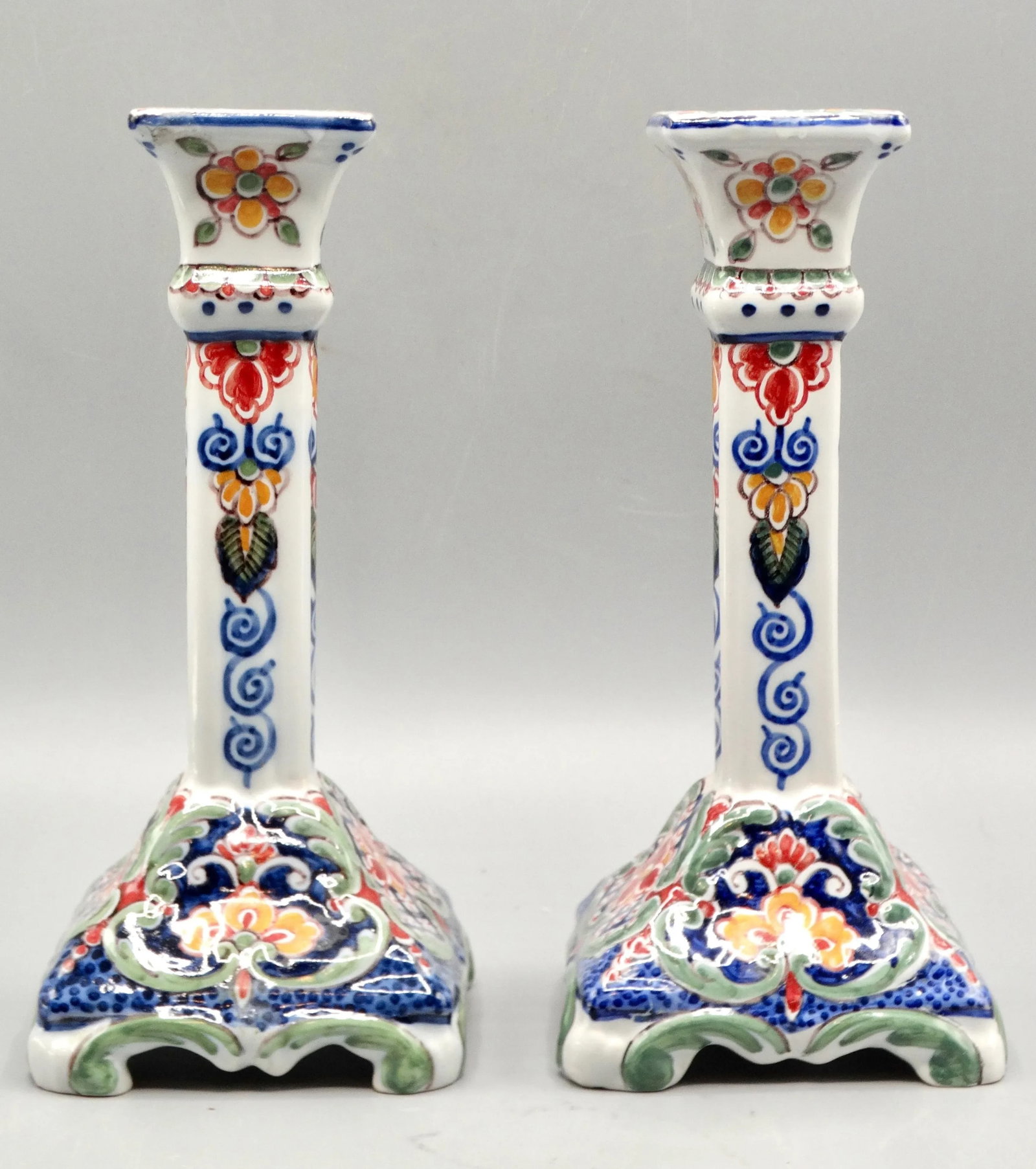Dutch Delft Makkum Polychrome Candle Holders, a Pair - 3