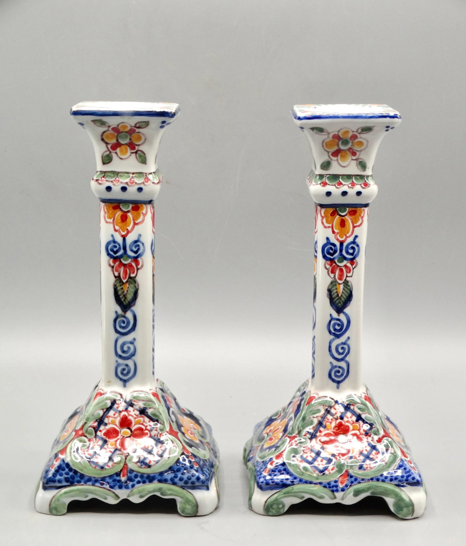Dutch Delft Makkum Polychrome Candle Holders, a Pair - 4