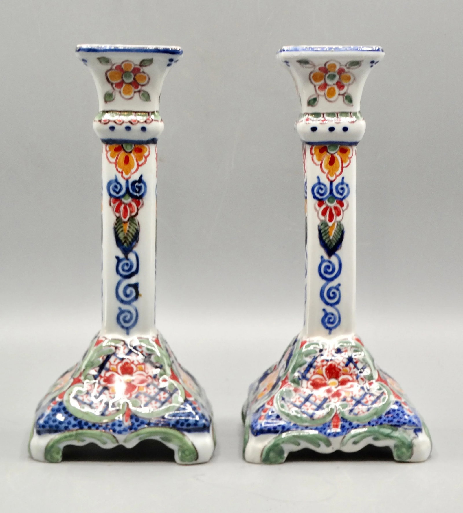 Dutch Delft Makkum Polychrome Candle Holders, a Pair - 5