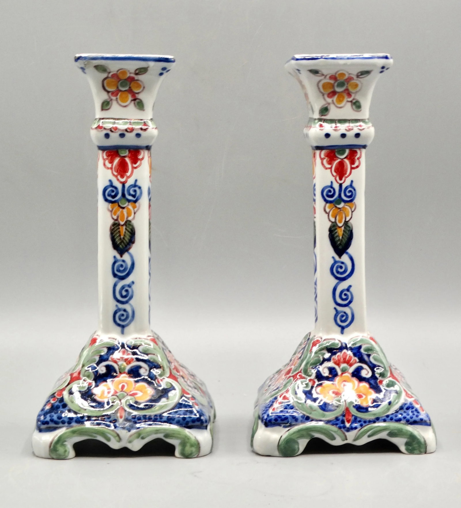Dutch Delft Makkum Polychrome Candle Holders, a Pair - 6
